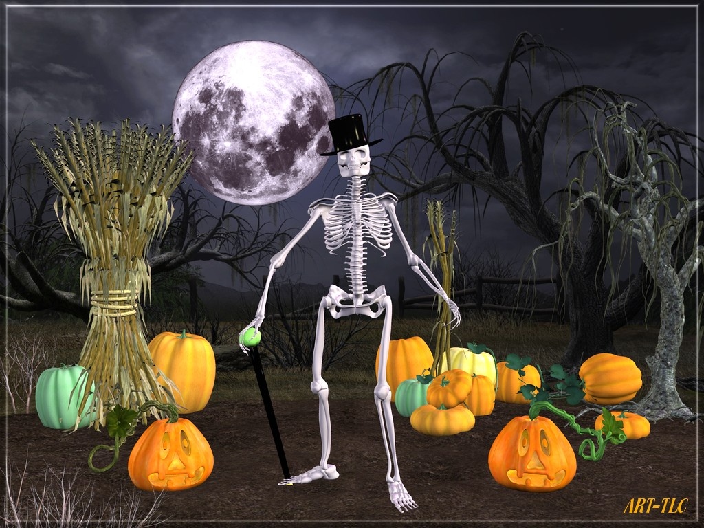 Skeleton with hat and pumpkin under the Moon