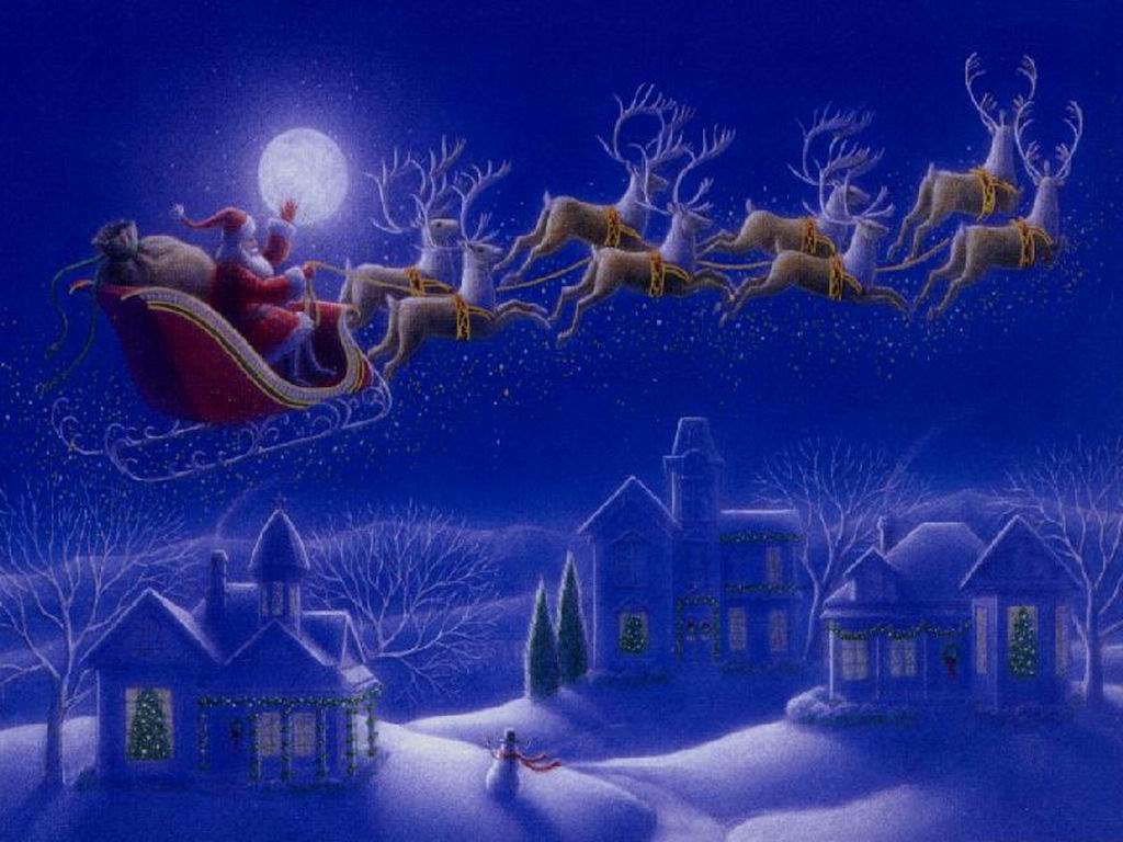 Picture Santa Claus on deers on the sky rushes
