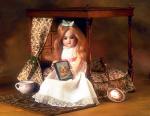 Picture - doll with book sit on the bed