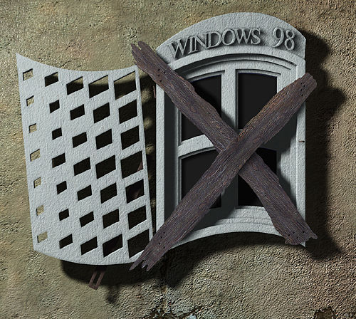 Картинка с заколоченным окном на логотипе Windows 98