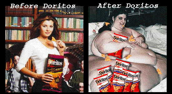 Смешная картинка - женщина до поедания чипсов Doritos и после :)