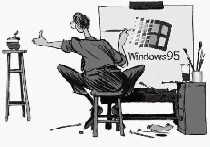 Карикатурный рисунок с логотипом apple и windows 95