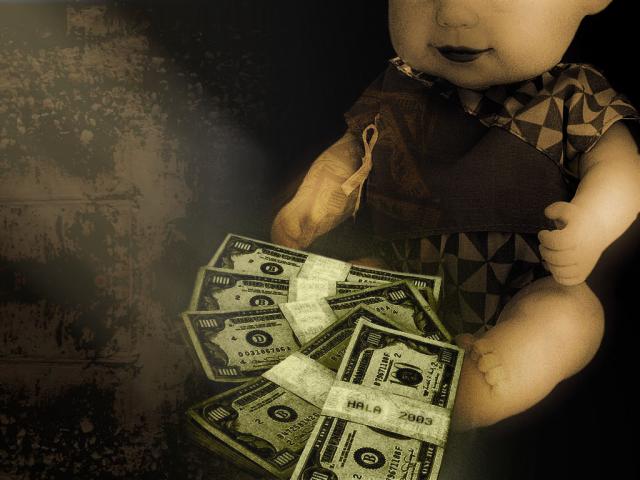 Picture with a doll and dollars