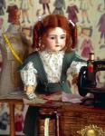 Picture with doll at the sewing-machine